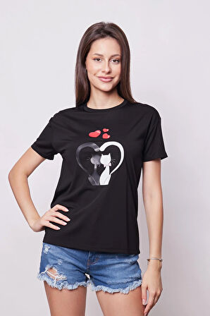 Baskılı Sıfır Yaka Kırışmaz Span Karışımlı Şık Kısa Kol T-shirt Bluz- Siyah Kedi Kalp Desenli 