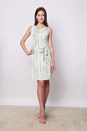 Kadın Desenli Degaje Yakalı Kolsuz Eteği Kiloş Likralı Hafif Parlak Kumaş Elbise-Mint Desen