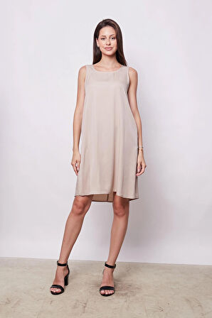 Kadın %100 Viosel Cepli Diz Üstü Jile Elbise- Taş