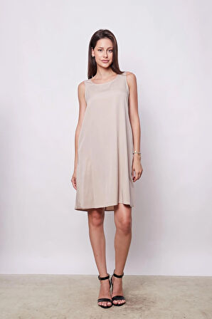 Kadın %100 Viosel Cepli Diz Üstü Jile Elbise- Taş