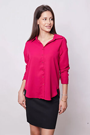 Kadın Yakalı Düşük Omuzlu Uzun Kol Likrasız Kumaş Gömlek-Vişne 