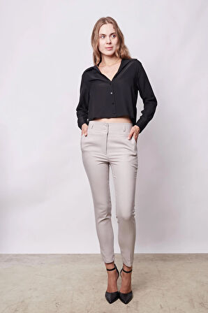 Yüksek Bel Kalın Kemerli Cepli Dar Paça Bilek Boy Pamuklu Likralı Kumaş Pantolon - Taş