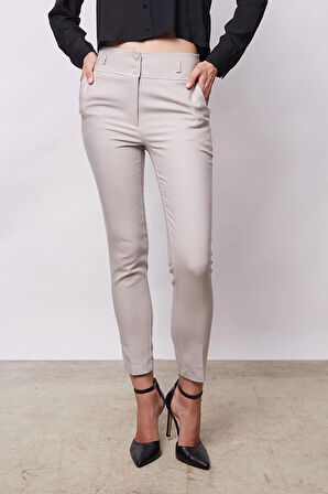 Yüksek Bel Kalın Kemerli Cepli Dar Paça Bilek Boy Pamuklu Likralı Kumaş Pantolon - Taş