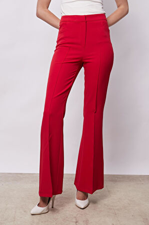 Kadın Yüksek Bel Cepli İspanyol Paça Önü Dikişli Hafif Likralı Kumaş Pantolon(Ceket kodu Jument 30080)-Kırmızı