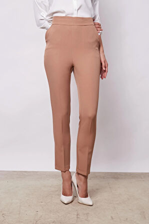 Kadın Yüksek Bel Yan Cepli Dar Paça Hafif Likralı Kumaş Pantolon-Camel
