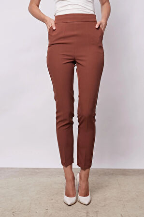 Kadın Yüksek Bel Yan Cepli Dar Paça Hafif Likralı Kumaş Pantolon-Taba