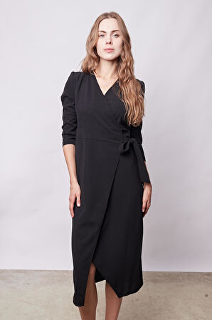 Kadın Likralı Krep Kumaş Kruvaze Capri Truvakar Kol Diz Altı Elbise-Siyah