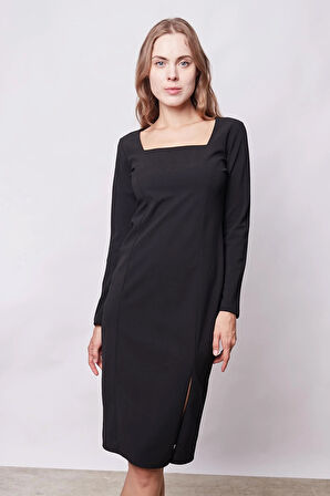 Kadın Likralı Krep Kumaş Kare Yaka Önden Yırtmaçlı Uzun Kol Diz Altı Ofis Elbise-Siyah