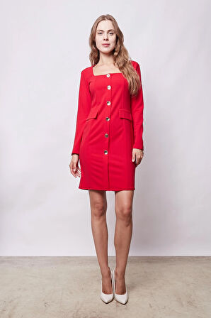 Kadın Likralı Krep Kumaş Kare Yaka Uzun Kol Önü Düğmeli Ofis Ceket Elbise-Kırmızı