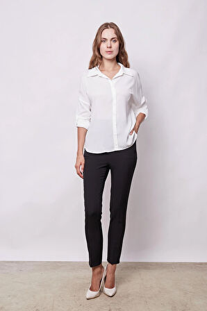 Likrasız Şık Kumaş Yakalı Sırt Dekolteli Uzun Kol Apoletli Gömlek-Krem