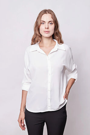 Likrasız Şık Kumaş Yakalı Sırt Dekolteli Uzun Kol Apoletli Gömlek-Krem