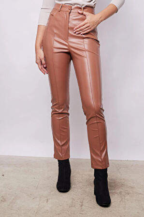 Kadın Violet Hafif Likralı Deri Yüksek Bel Alman Cepli Bilek Boy Pantolon-Camel