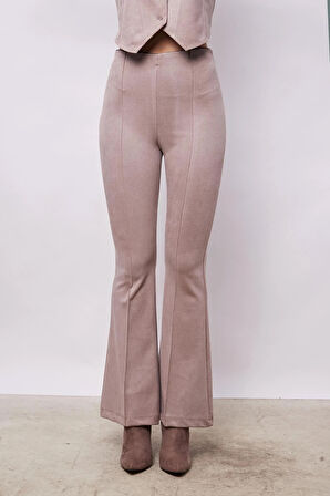 Kadın Kadife Likralı Yumuşak Dokulu Yüksek Bel Ön Arka Dikişli İspanyol Paça Pantolon-Bej 