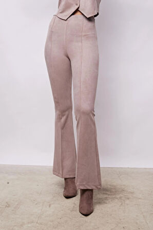 Kadın Kadife Likralı Yumuşak Dokulu Yüksek Bel Ön Arka Dikişli İspanyol Paça Pantolon-Bej 