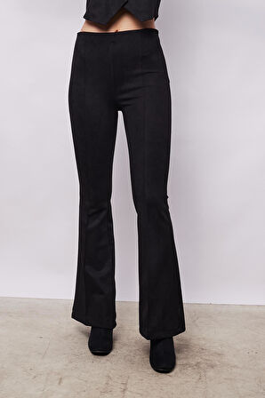 Kadın Kadife Likralı Yumuşak Dokulu Yüksek Bel Ön Arka Dikişli İspanyol Paça Pantolon-Siyah