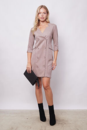 Kadın Kadife Likralı Yumuşak Dokulu Kruvaze Kapri Truvakar Kol Kolu Yırtmaçlı Ofis Ceket Elbise-Bej