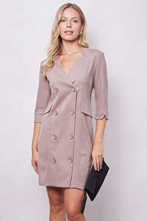 Kadın Kadife Likralı Yumuşak Dokulu Kruvaze Kapri Truvakar Kol Kolu Yırtmaçlı Ofis Ceket Elbise-Bej