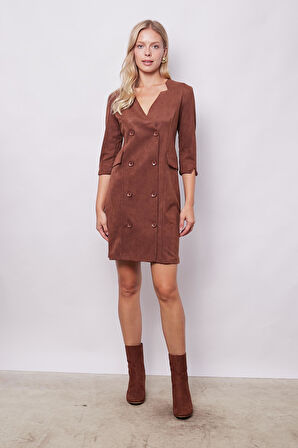 Kadın Kadife Likralı Yumuşak Dokulu Kruvaze Kapri Truvakar Kol Kolu Yırtmaçlı Ofis Ceket Elbise-Fındık Kabuğu