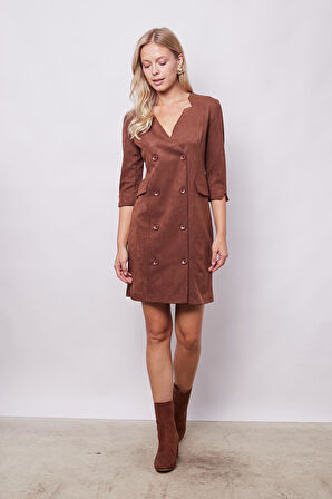 Kadın Kadife Likralı Yumuşak Dokulu Kruvaze Kapri Truvakar Kol Kolu Yırtmaçlı Ofis Ceket Elbise-Fındık Kabuğu