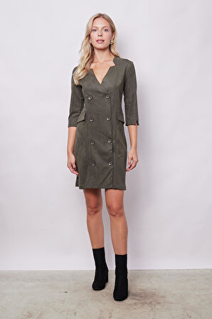 Kadın Kadife Likralı Yumuşak Dokulu Kruvaze Kapri Truvakar Kol Kolu Yırtmaçlı Ofis Ceket Elbise-Haki