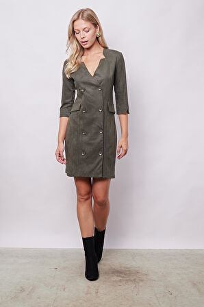 Kadın Kadife Likralı Yumuşak Dokulu Kruvaze Kapri Truvakar Kol Kolu Yırtmaçlı Ofis Ceket Elbise-Haki