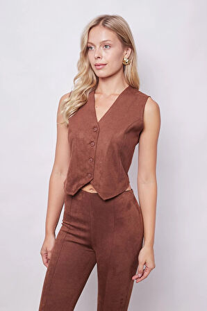 Kadın Kadife Likralı Yumuşak Dokulu V Yaka Arkası Ayarlanabilir D Tokalı Yelek-Fındık Kabuğu