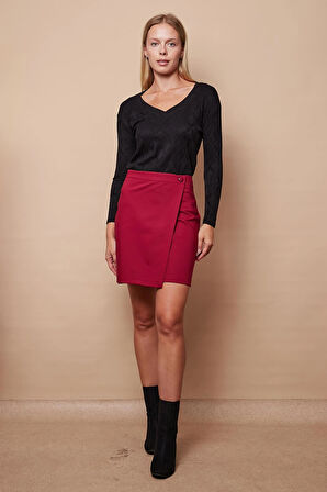 Kadın Yüksek Bel Kruvaze Model Hafif Likralı Şık Kumaş Ofis Kalem Etek-Bordo