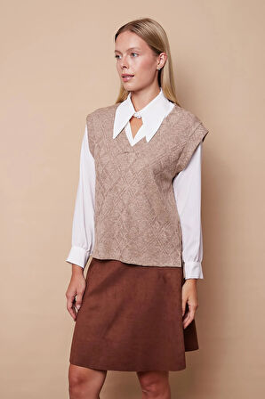 Kadın Desenli Triko V Yaka Yanları Yırtmaçlı Süveter Bluz-Camel