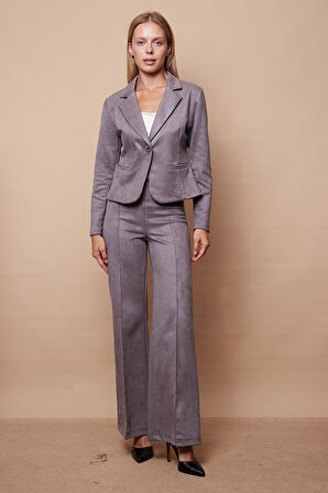 Hafif Likralı Süet Kumaş Flato Cepli Uzun Kol Kısa Blazer Ceket-Gri