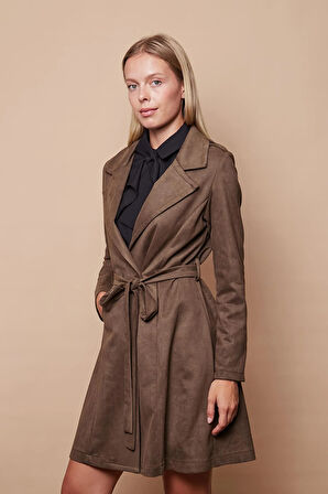 Kadın Hafif Likralı Süet Kumaş Anvelop Kruvaze Cepli Uzun Kol Diz Boy Trençkot-Haki