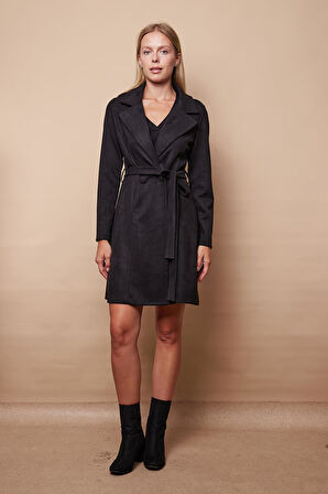 Kadın Hafif Likralı Süet Kumaş Anvelop Kruvaze Cepli Uzun Kol Diz Boy Trençkot-Siyah