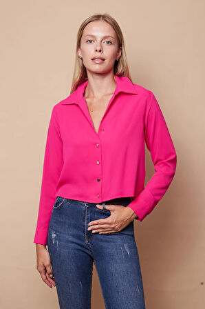 Kadın Likrasız Şık Kumaş Yakalı Uzun Kol Kısa Gömlek-Fujya