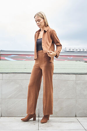 Kadın Likralı Fitilli Kadife Yakalı Uzun Kol Yanları Yırtmaçlı Gömlek(Pantolon için Jument 40088)-Fındık Kabuğu 