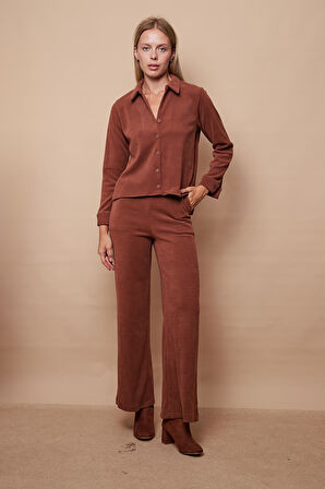 Kadın Likralı Fitilli Kadife Yakalı Uzun Kol Yanları Yırtmaçlı Gömlek(Pantolon için Jument 40088)-Fındık Kabuğu 