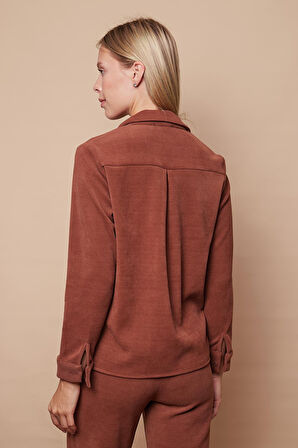 Kadın Likralı Fitilli Kadife Yakalı Uzun Kol Yanları Yırtmaçlı Gömlek(Pantolon için Jument 40088)-Fındık Kabuğu 