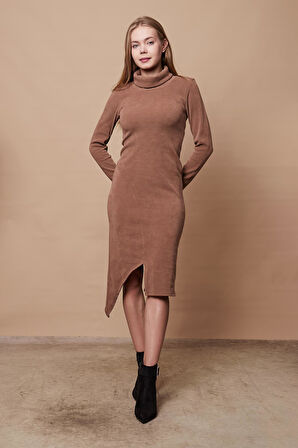 Kadın Likralı Triko Kumaş Tam Balıkçı Asimetrik Uzun Kol Diz Boy Elbise-Camel