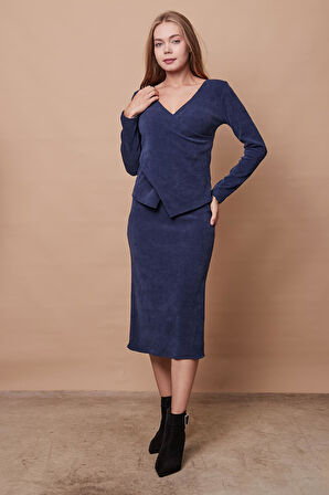 Kadın Fitilli Esnek Kadife Kumaş Yüksek Bel Yırtmaçlı Diz Altı Dar Kesim Kalem Etek(Bluz Jument 20508)-İndigo