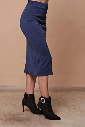 Kadın Fitilli Esnek Kadife Kumaş Yüksek Bel Yırtmaçlı Diz Altı Dar Kesim Kalem Etek(Bluz Jument 20508)-İndigo