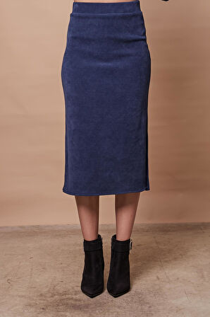 Kadın Fitilli Esnek Kadife Kumaş Yüksek Bel Yırtmaçlı Diz Altı Dar Kesim Kalem Etek(Bluz Jument 20508)-İndigo