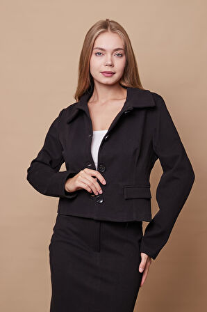 Kadın Likralı Kaşe Kumaş Yakalı Cep Kapaklı Uzun Kol Düğmeli Kısa Blazer Ceket Kaban-Siyah