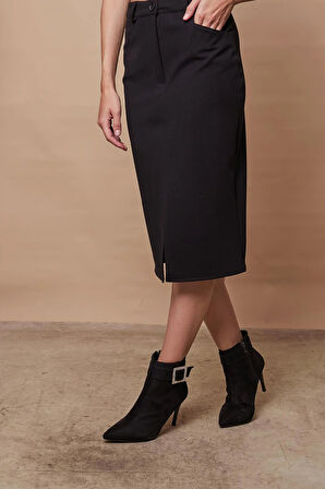 Kadın Likralı Kaşe Kumaş Yüksek Bel Alman Cepli Önden Yırtmaçlı Kalem Etek-Siyah 