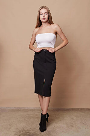 Kadın Likralı Kaşe Kumaş Yüksek Bel Alman Cepli Önden Yırtmaçlı Kalem Etek-Siyah 