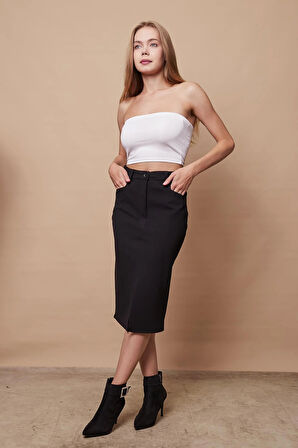 Kadın Likralı Kaşe Kumaş Yüksek Bel Alman Cepli Önden Yırtmaçlı Kalem Etek-Siyah 