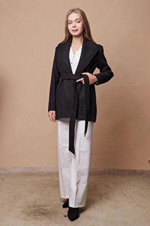 Şal Yakalı Uzun Kol Kuşaklı Bağlamalı Hafif Esnek Kalın Kaşe Kaban-Siyah