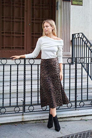 Kadın Hafif Kalın Kumaş Yüksek Bel Midi Boy Dizaltı Çan Etek-Leopar