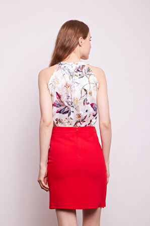 Yüksek Bel Anvelop Kruvaze Pamuklu Likralı Kumaş Kalem Ofis Etek-Kırmızı