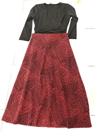 Kadın Kışlık Yünlü Jakarlı Hafif Likralı Kumaş Yüksek Bel Uzun Çan Etek-Bordo Çizgi 