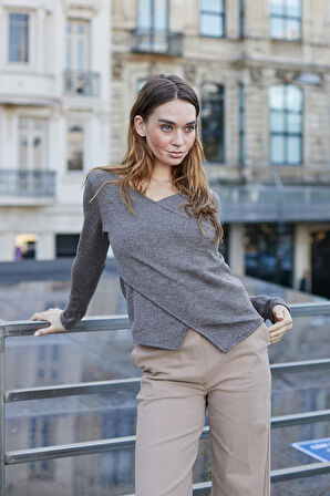 Kadın Kruvaze Uzun Kol Hafif Esnek Triko Kazak Bluz-Vizon