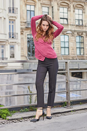 Kadın Kruvaze Uzun Kol Hafif Esnek Triko Kazak Bluz-Vişne