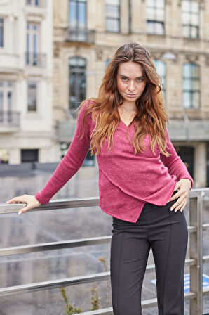 Kadın Kruvaze Uzun Kol Hafif Esnek Triko Kazak Bluz-Vişne